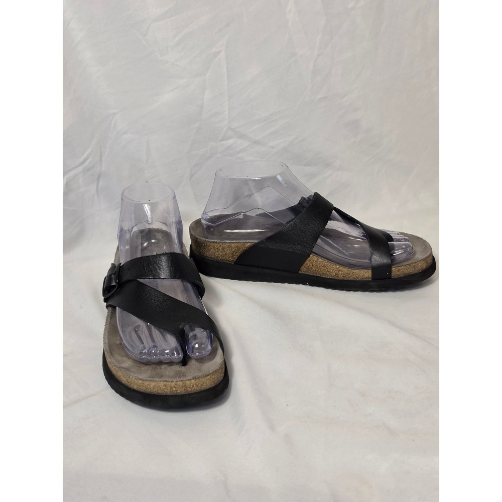 Mephisto Helen Black Leather Toe Loop Sandals Comfort Cork Footbed Women 38 US 8